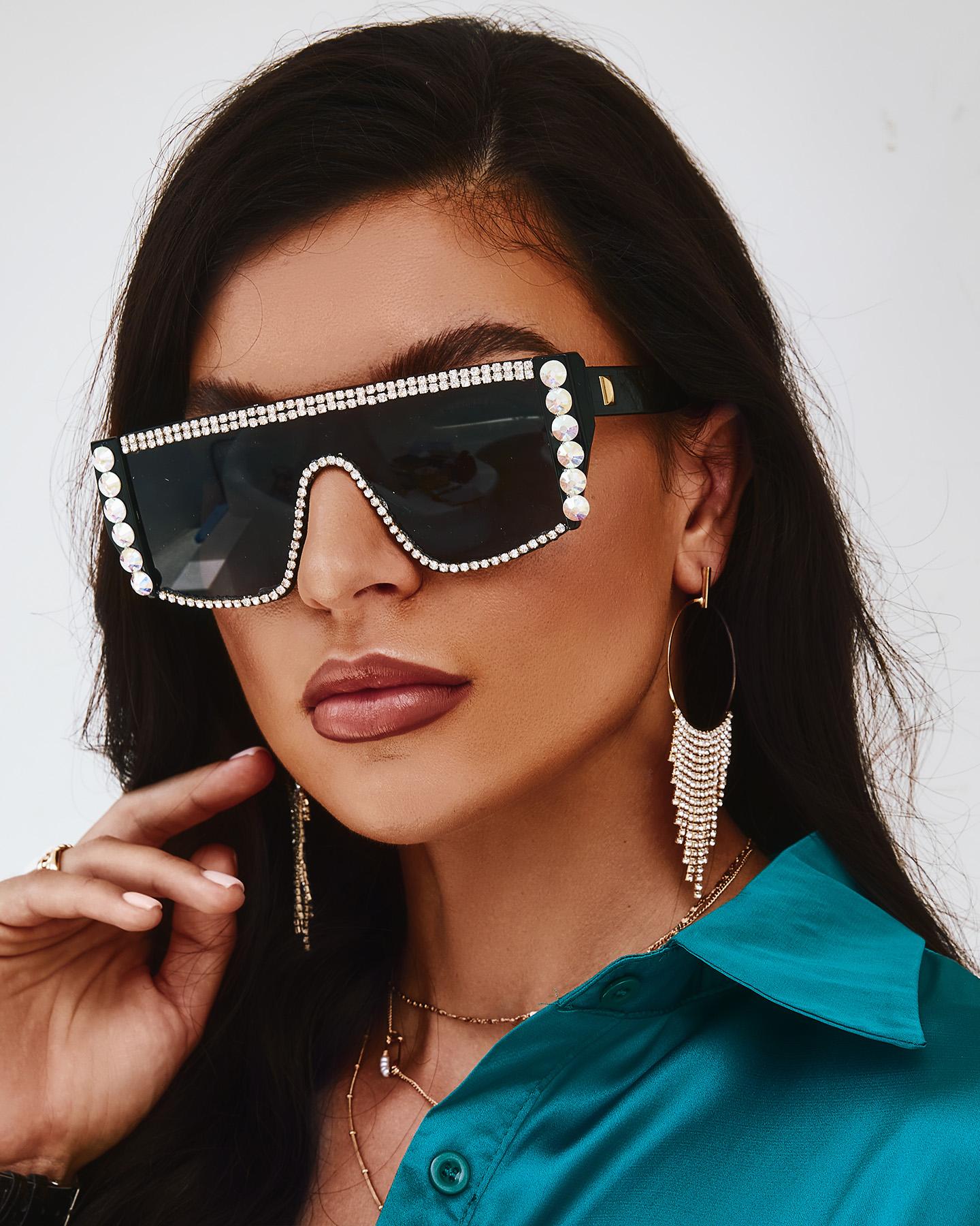 

1Pair Rhinestone Decor Flat Top Sunglasses, Black