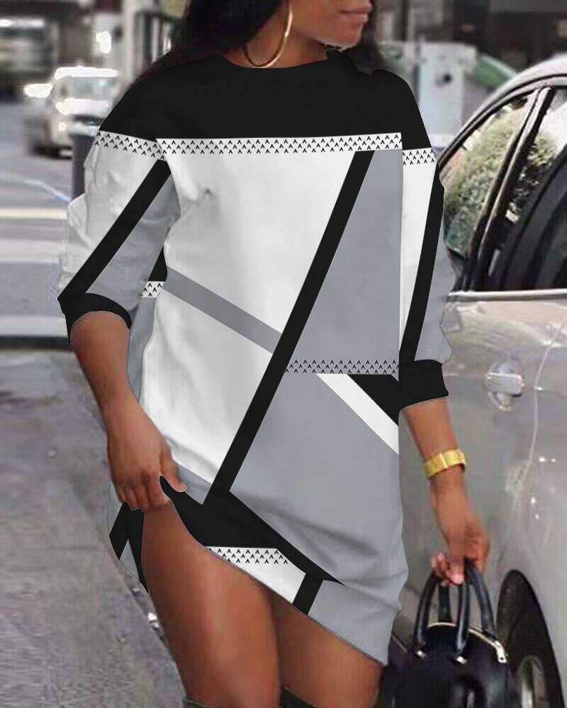 

Geometric Print Round Neck Casual Dress, Gray