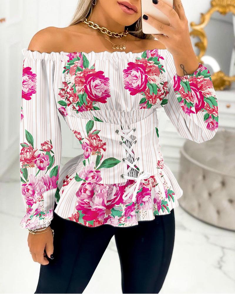 

Floral Print Eyelet Lace-up Off Shoulder Frill Trim Top, Multicolor