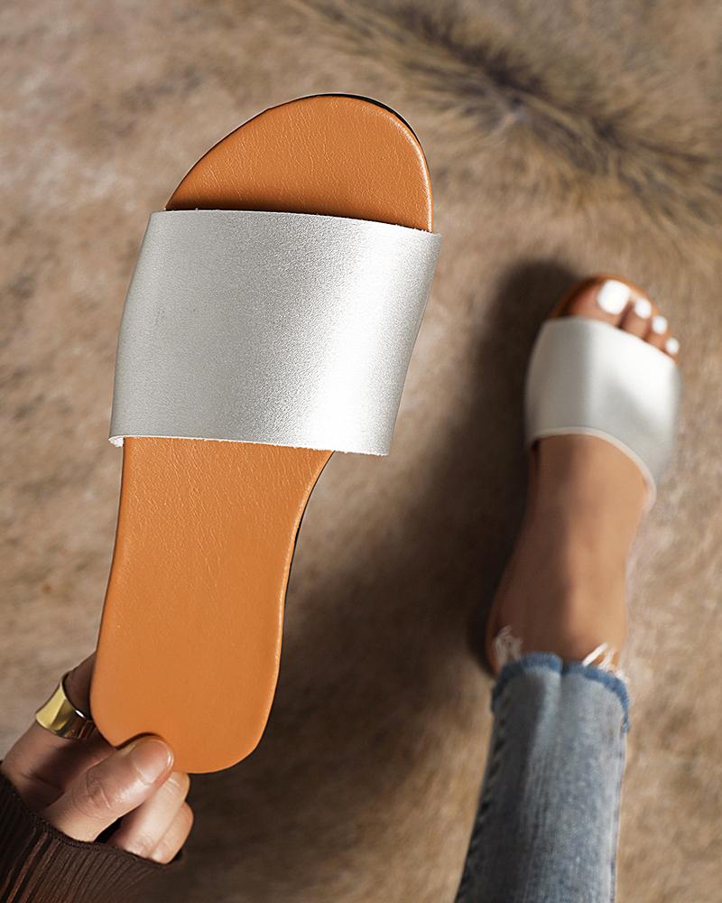 

Round-toe Solid Color Strap PU Leather Slippers, Silver