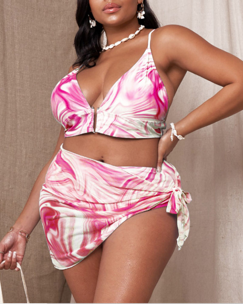 

3PCS Plus Size Marble Print Bikini Set With Cover Up, Pink