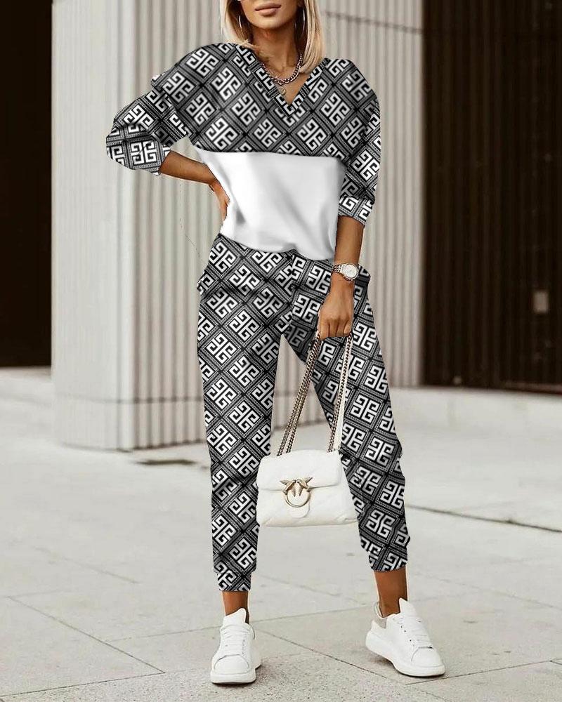 

Geometric Print Long Sleeve Top & Pants Set, Black