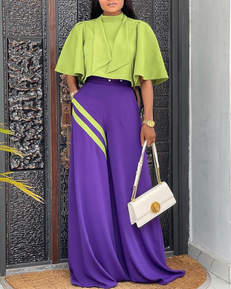 

Bell Sleeve Crop Top & Wide Leg Striped Pants Set, Purple
