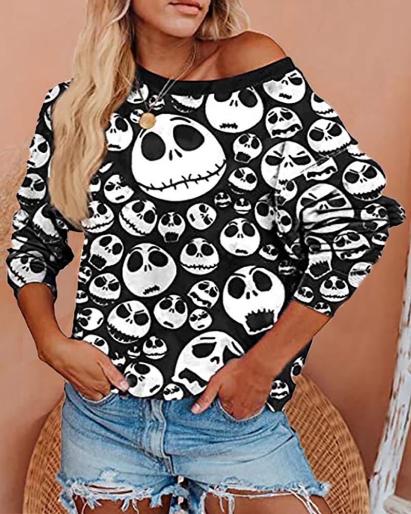 

Halloween Pumpkin Skull Print Long Sleeve Sweatshirt, White