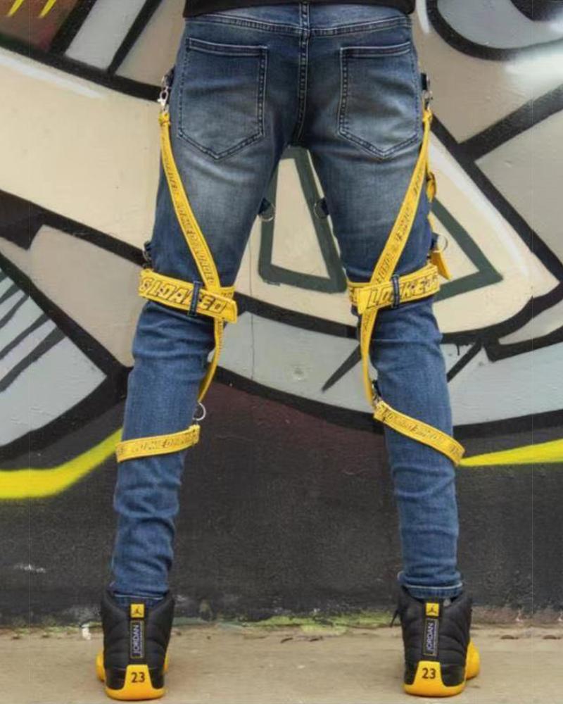 

Solid Color Washing Splicing Yellow Letter Strap Skinny Jean Pants, Blue