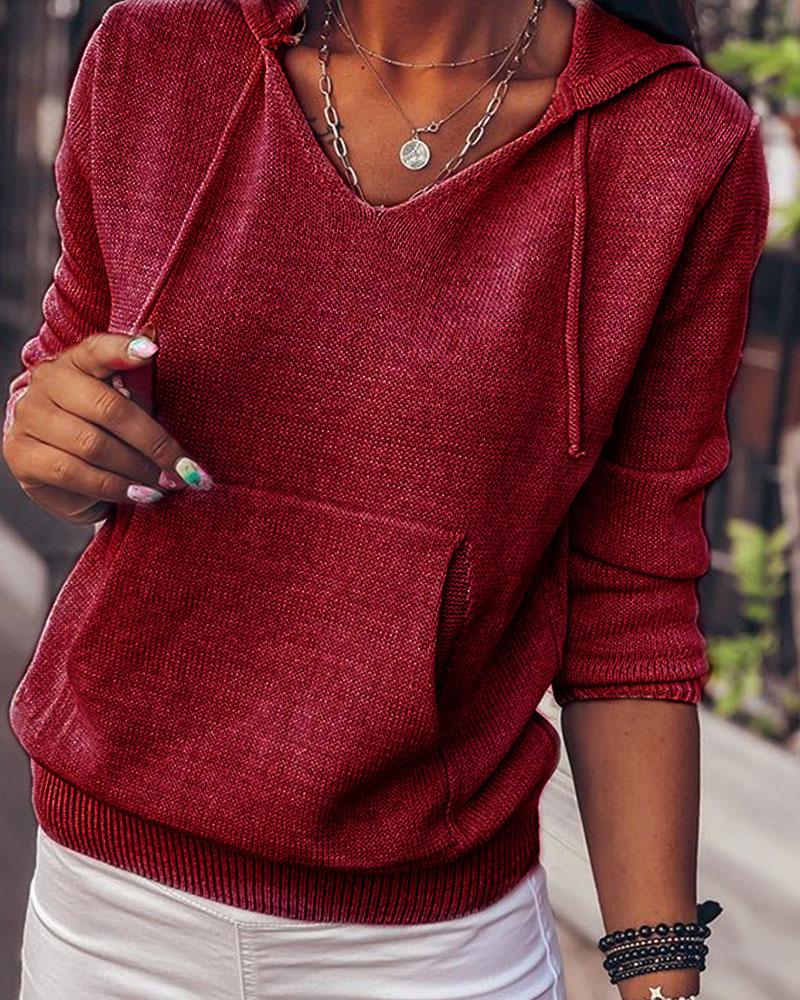 

Pocket Front Long Sleeve Hodded Knit Sweater, Wine red