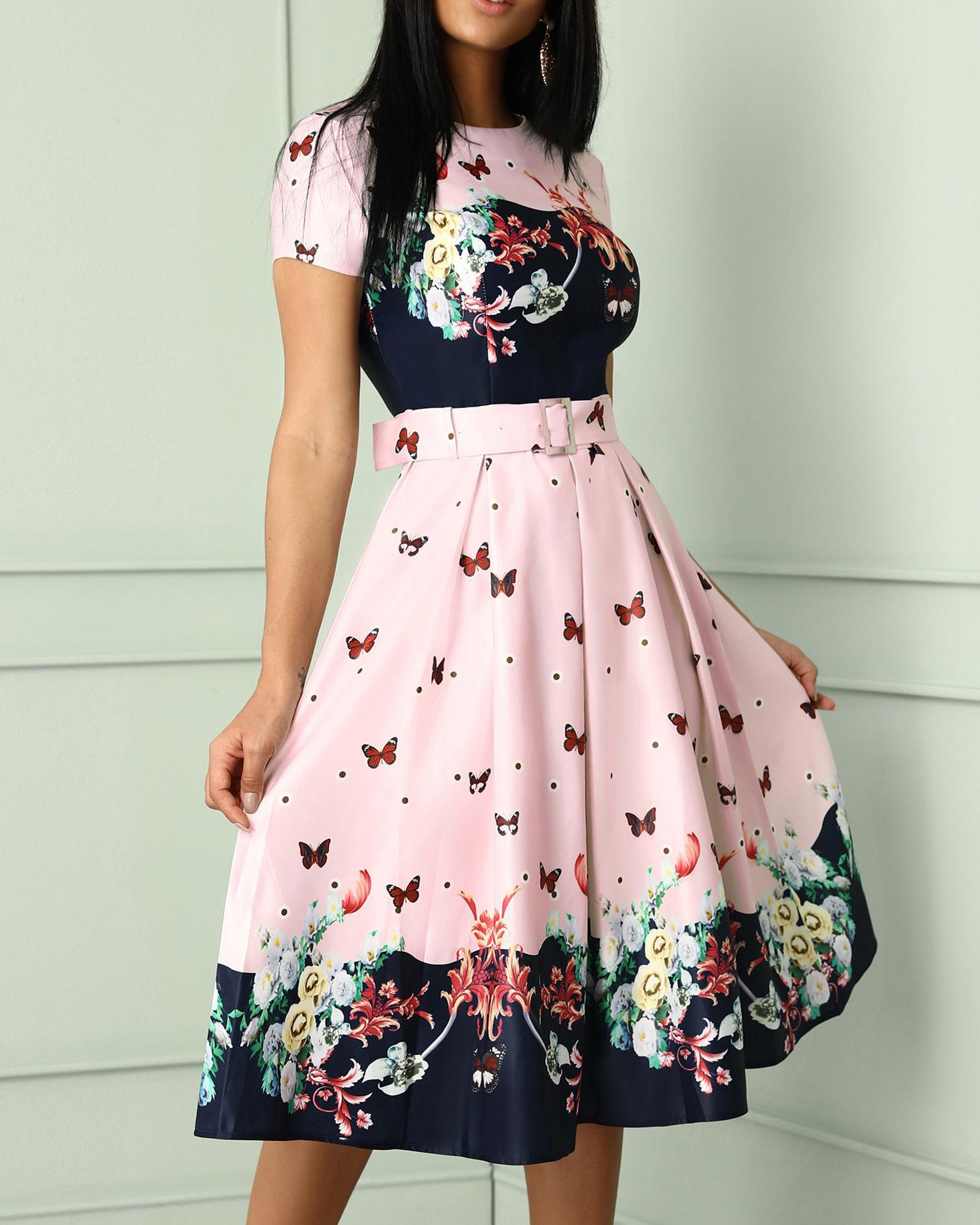 

Butterfly Print Short Sleeve Belted Pleated Dress, Pink