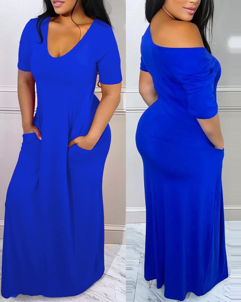 

Pocket Detail V-Neck Casual Dress, Blue