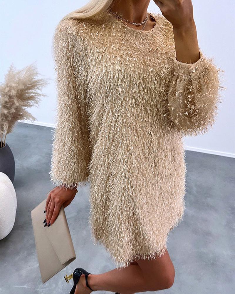 

Fluffy Long Sleeve Casual Dress, Apricot