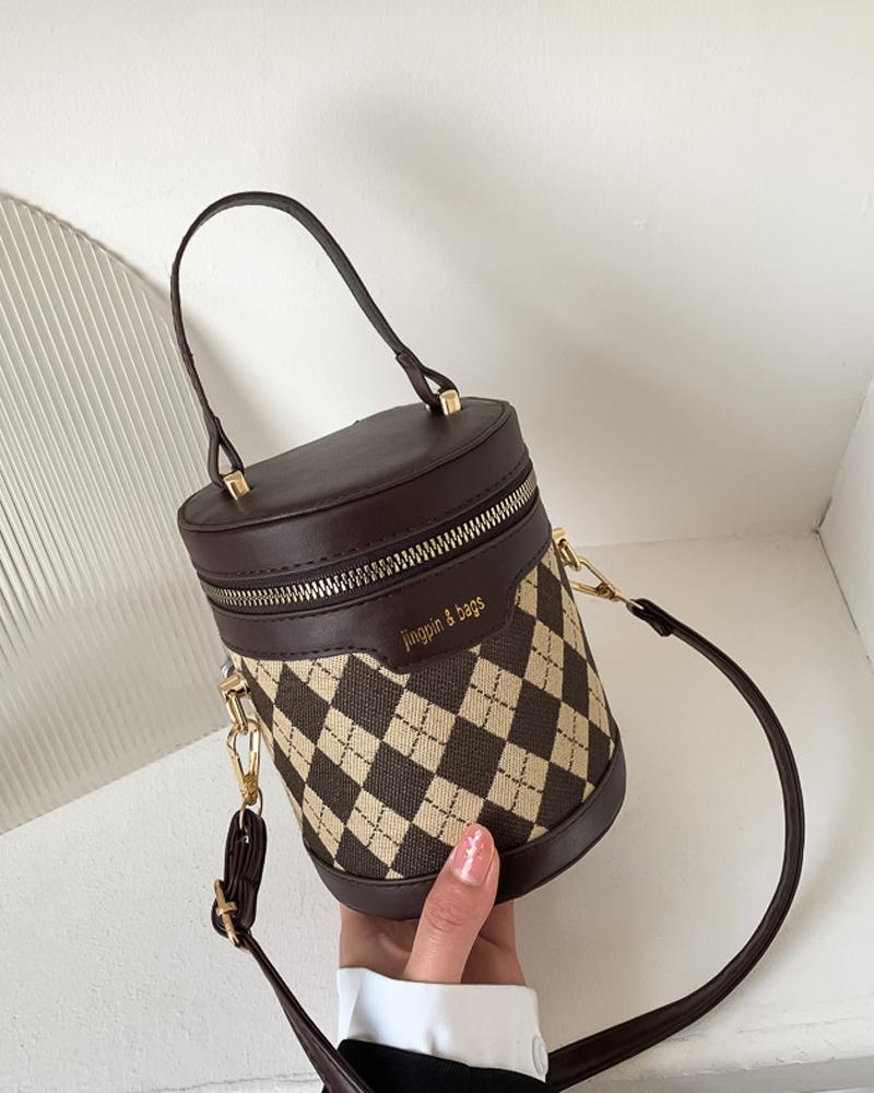 

Argyle Pattern Bucket Bag With Handle, Coffee