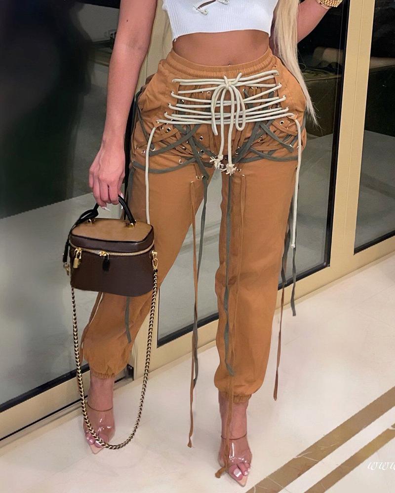 

Eyelet Lace-up High Waist Jeans, Brown