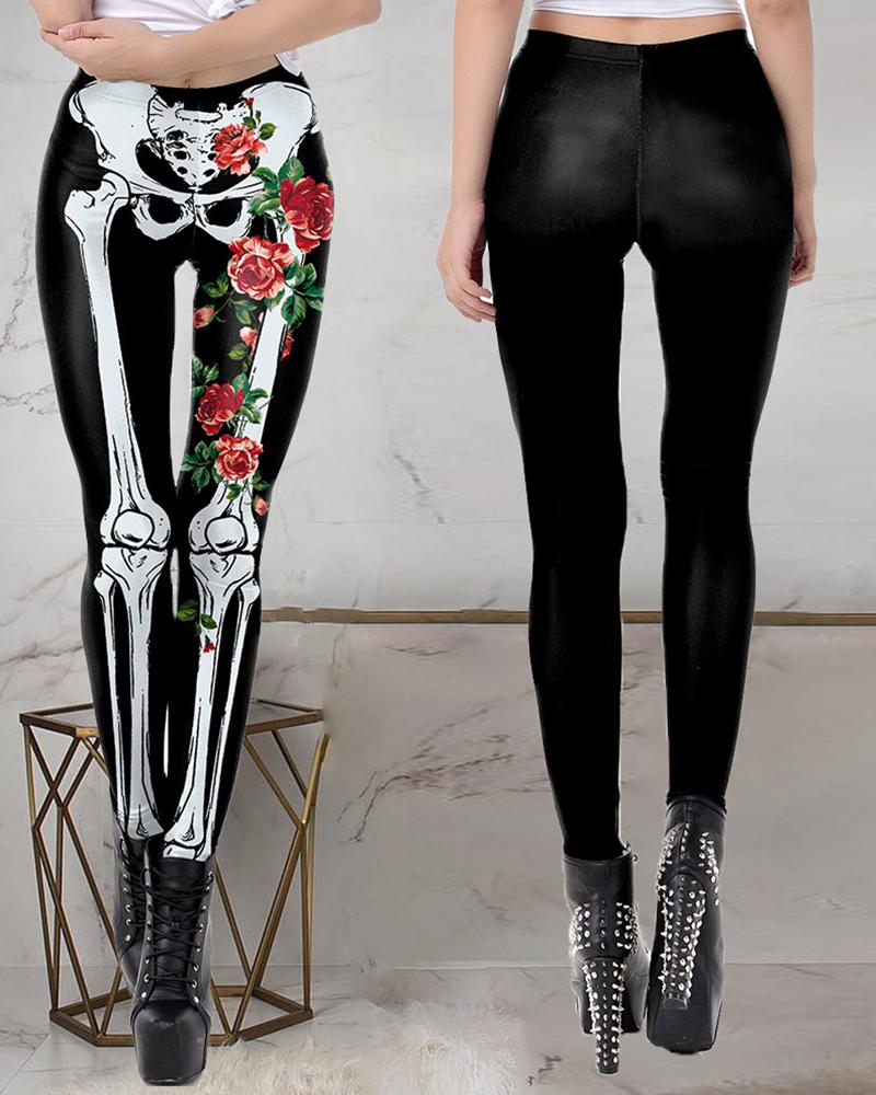 

Halloween 3D Skeleton Floral Print Leggings, Black