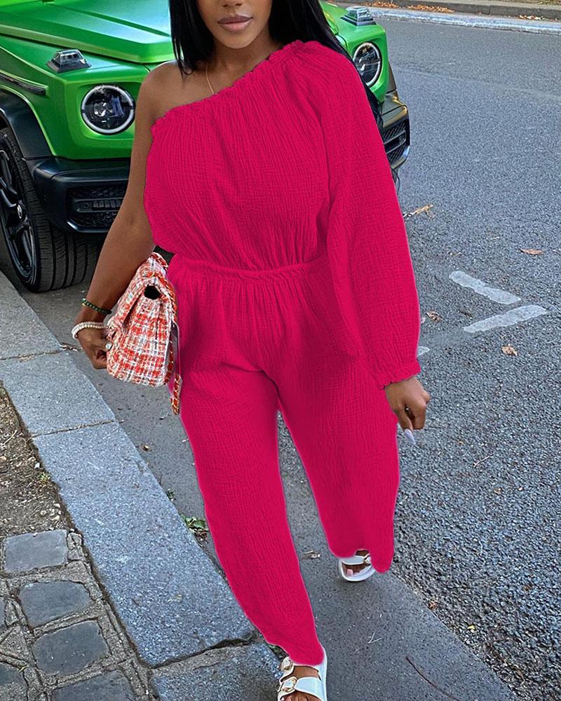 

One Shoulder Frill Hem Jumpsuit, Hot pink