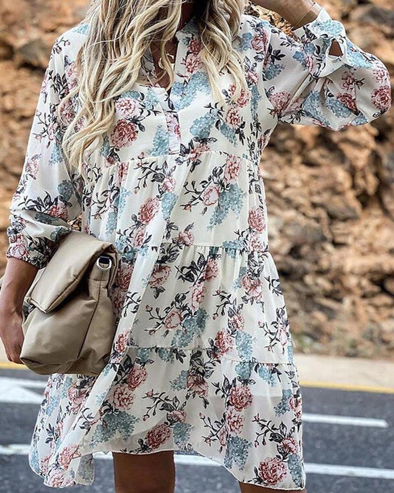 

Floral Print Lantern Sleeve Casual Dress, White