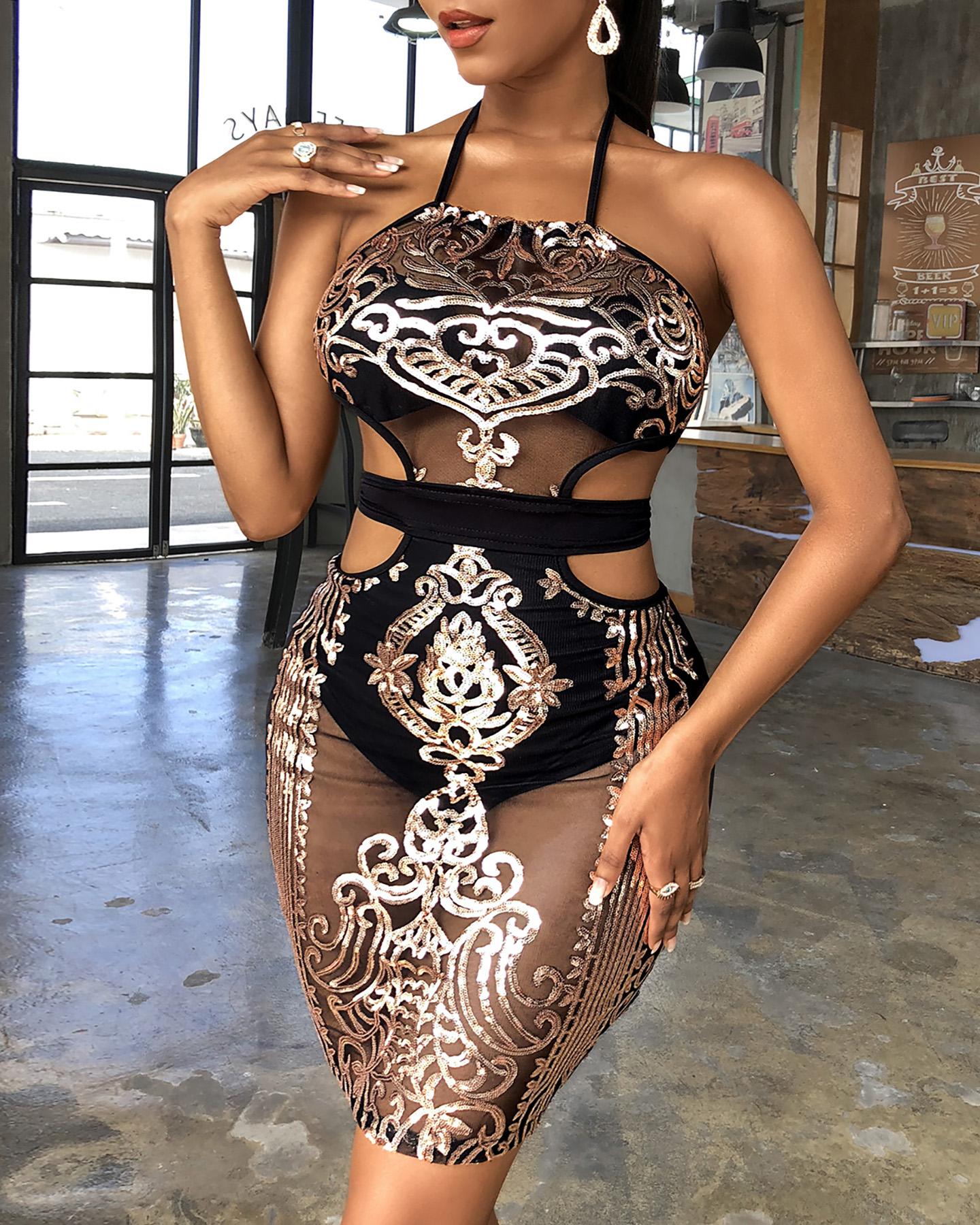 

Cut Out Halter Bodycon Sequin Dress, Black