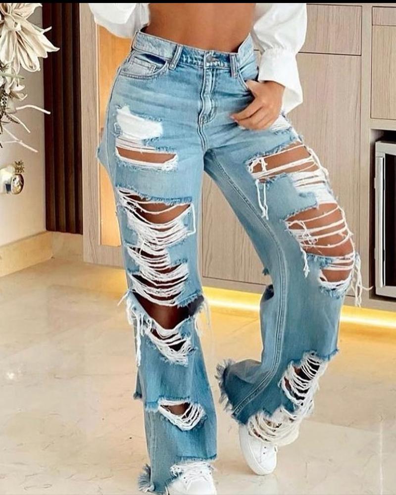 

Zipper Fly Cutout Ripped Raw Hem Jeans, Blue