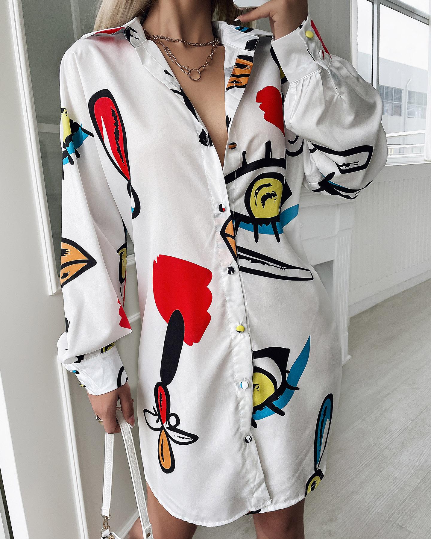 

Lip Eye Print Drop Shoulder Button Up Shirt Dress, White