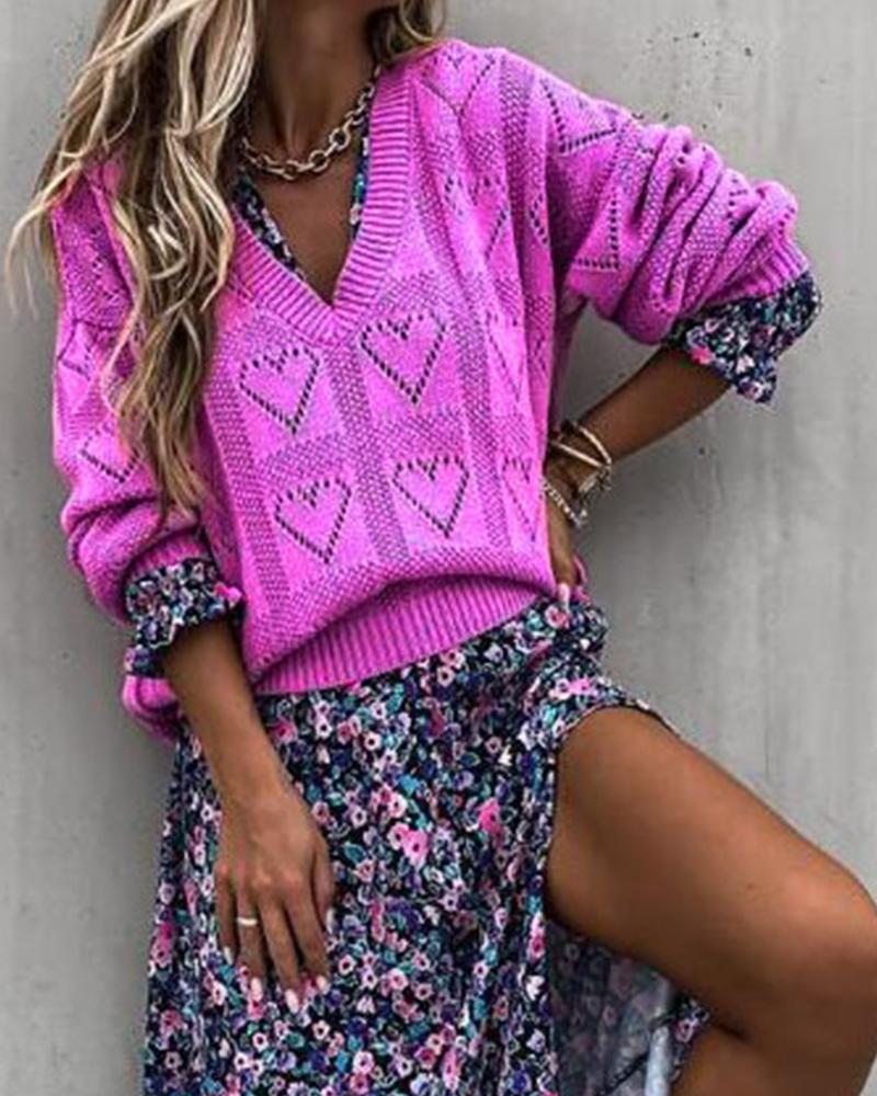 

Plain Long Sleeve Hollow Out Casual Sweaters, Purple