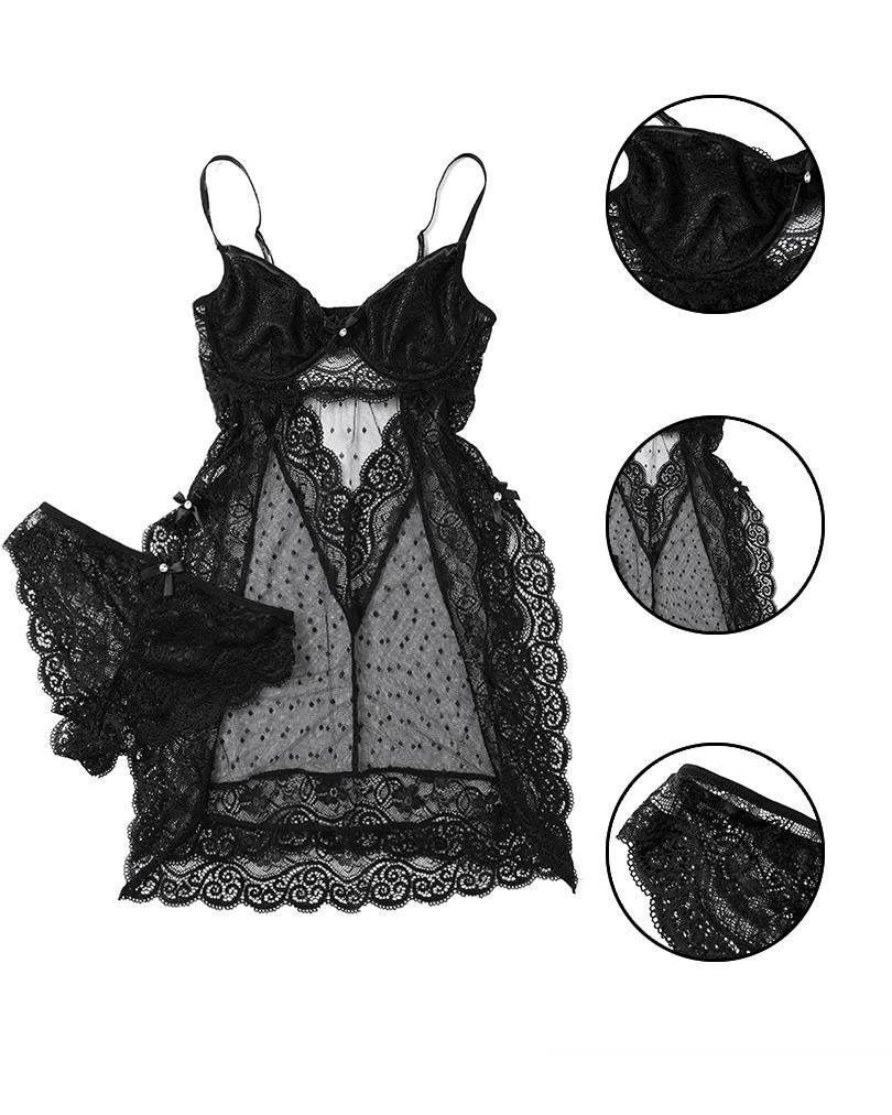 

Split Hem Sheer Mesh Lace Babydoll With Thong, Black