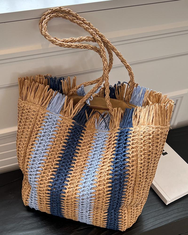 

Striped Tassel Braided Straw Tote Bag, Khaki