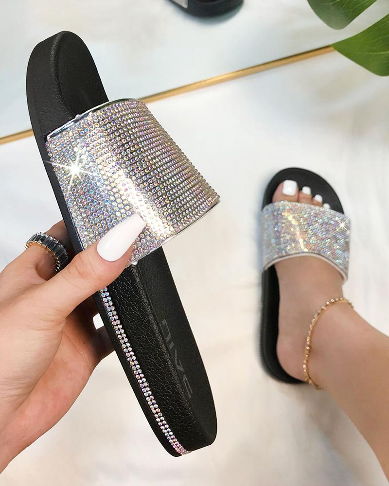 

Round-toe Splicing Rhinestone Platform Slippers, Black