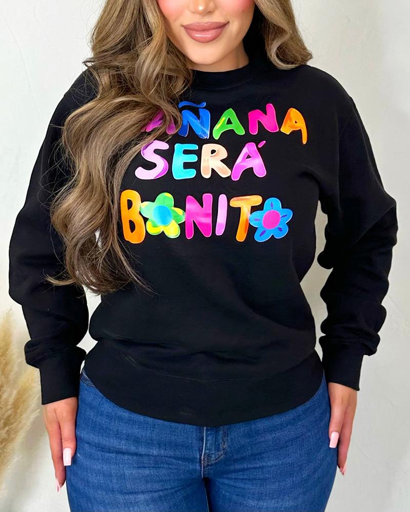 

Colorful Slogan Print Crew Neck Sweatshirt, Black