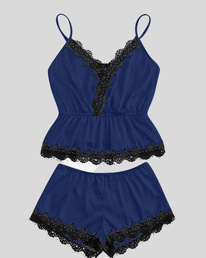 

Solid Color Splicing Lace Sling Velvet 2-Piece Pajamas Sets, Dark blue
