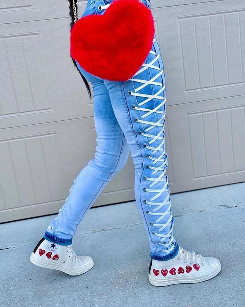 

Eyelet Lace-up Colorblock High Waist Buttoned Jeans, Blue