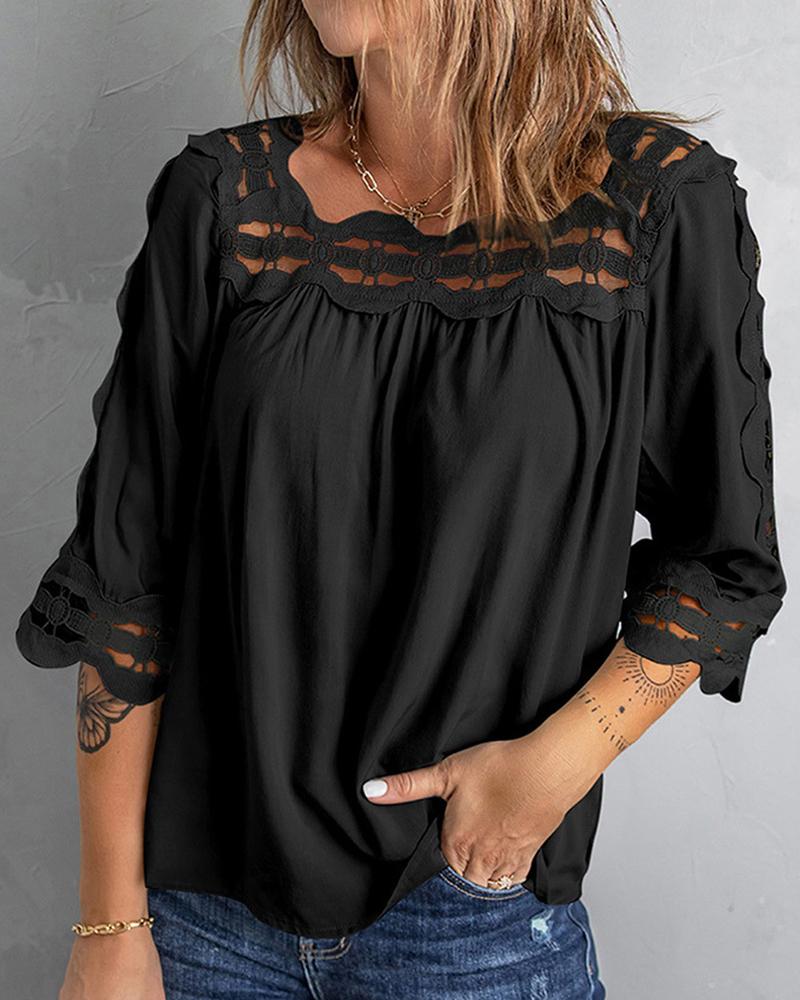 

Guipure Lace Patch Casual Top, Black