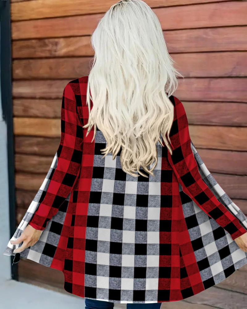 

Colorblock Plaid Print Long Sleeve Coat, Red