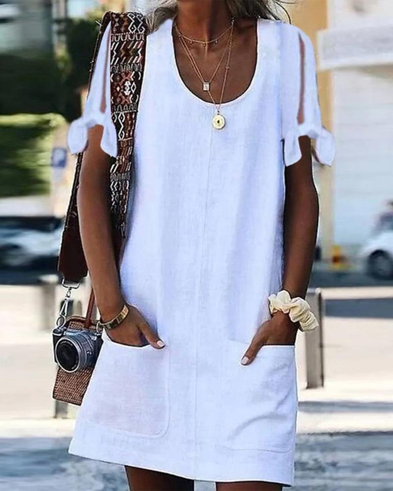 

Pocket Design Tied Detail Cold Shoulder Casual Dress, White
