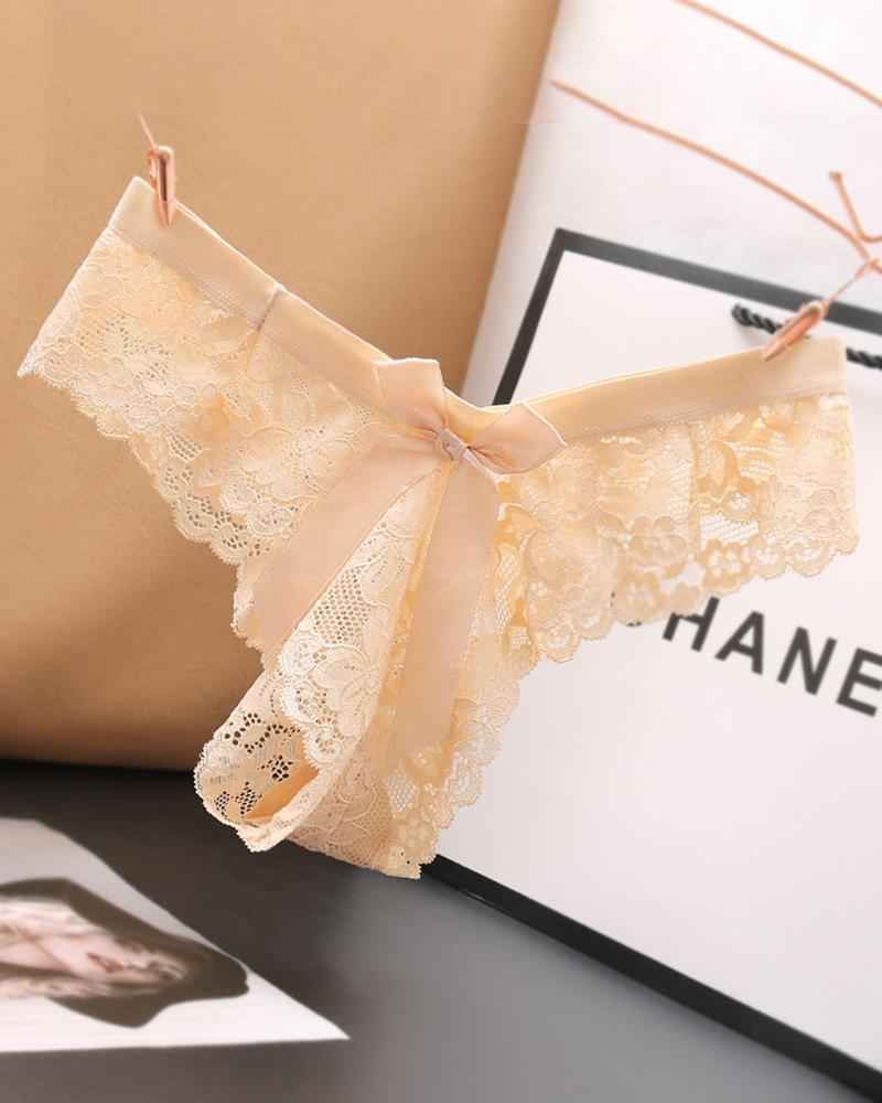 

Bowknot Decor High Waist Crochet Lace Skinny Panty, Nude