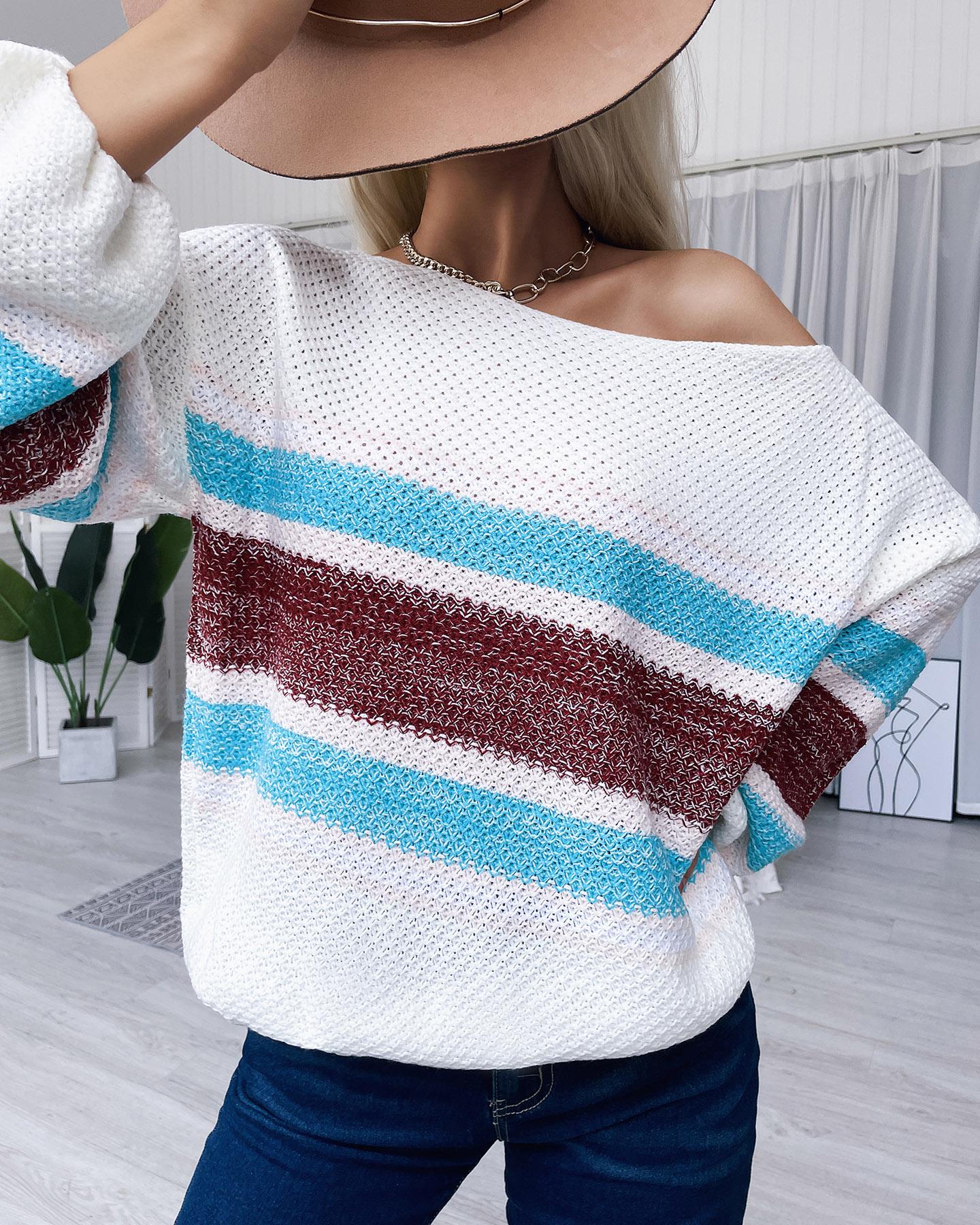 

Striped Colorblock Long Sleeve Casual Sweater, Coffee