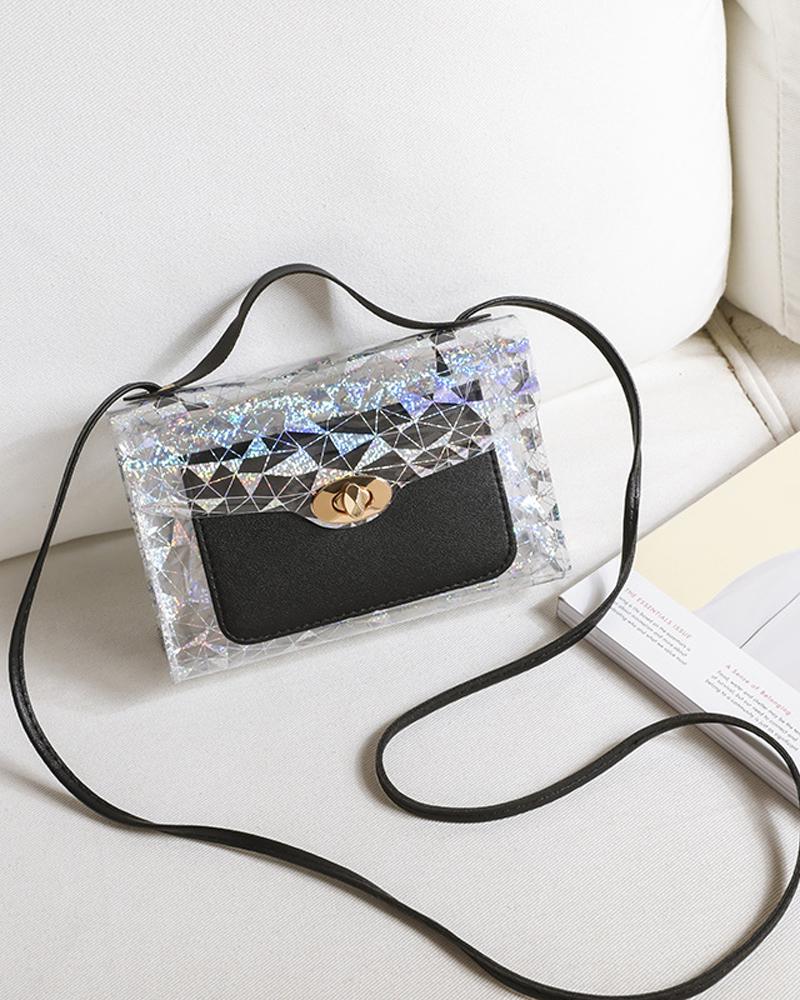 

Clear Twist Lock Flap Shoulder Bag, Black