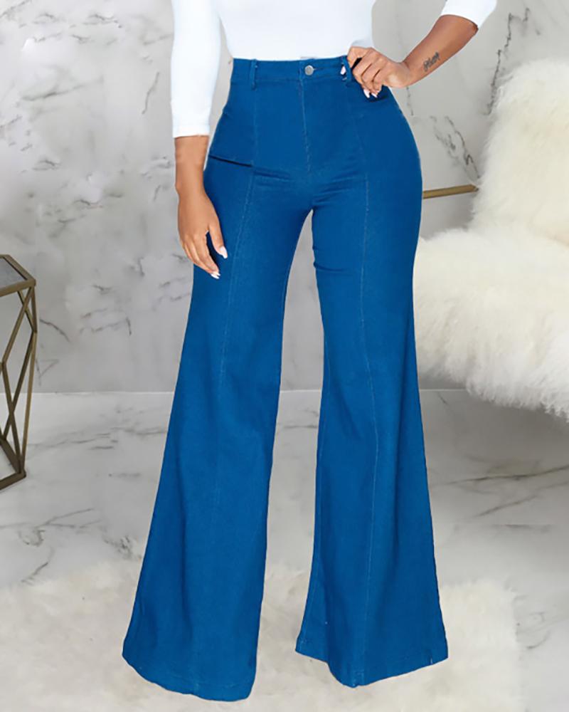 

High Waist Wide Leg Single Button Denim Pants, Blue