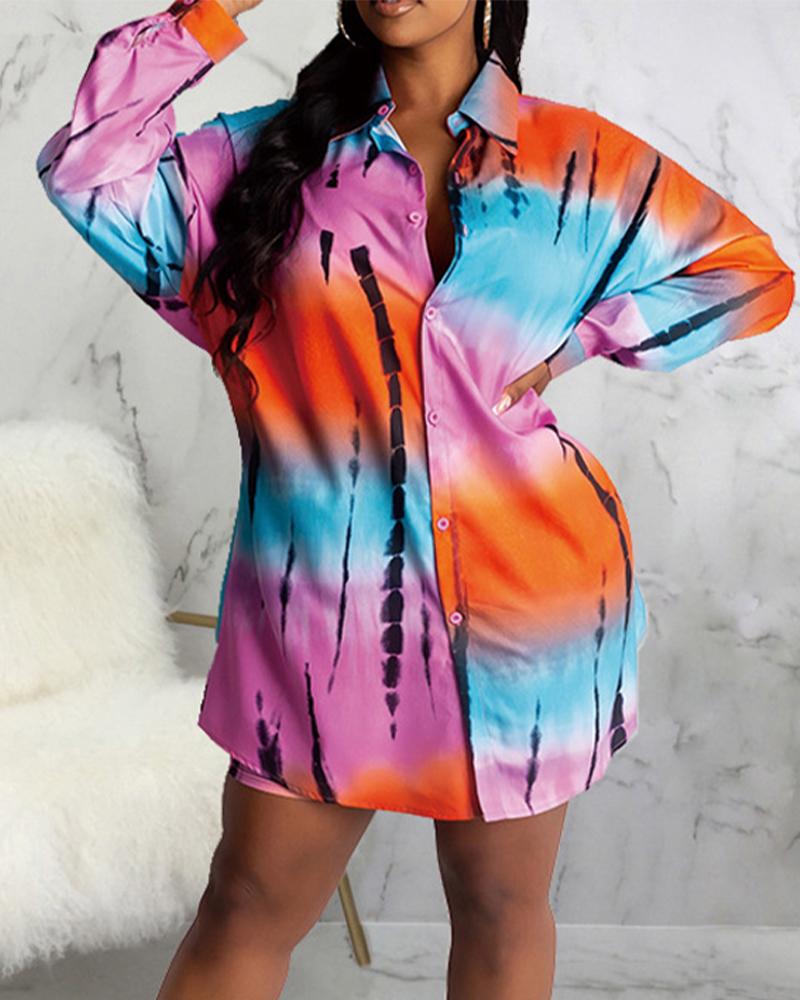 

Ombre Tie Dye Print Long Sleeve Button Up Shirt Dress, Multicolor