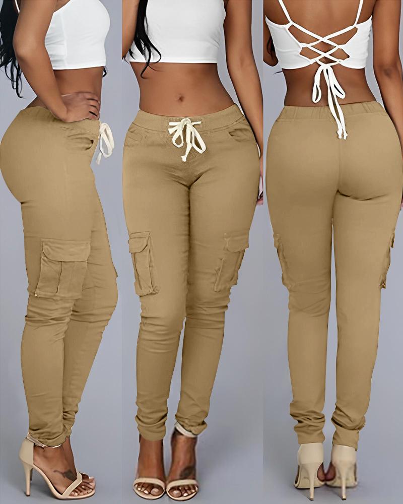 

Pocket Design Drawstring Casual Pants, Khaki