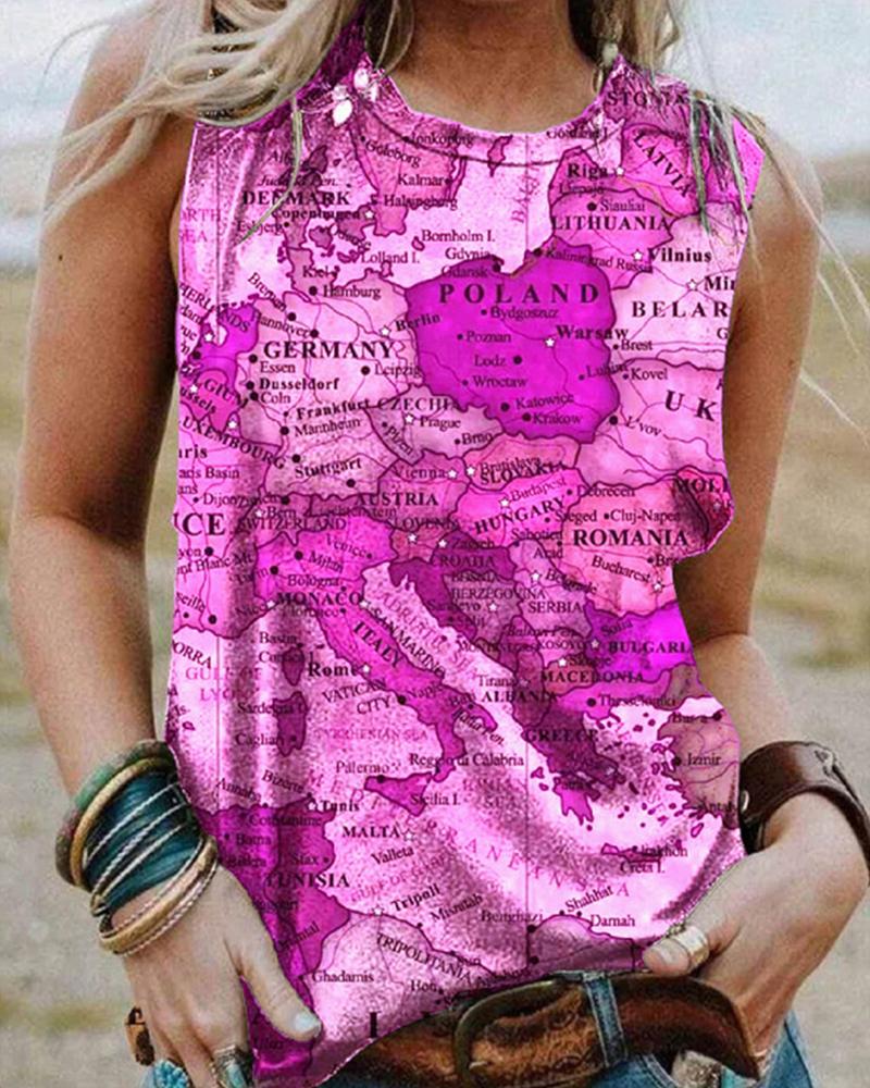 

Sleeveless Map Print Casual Tank Top, Pink