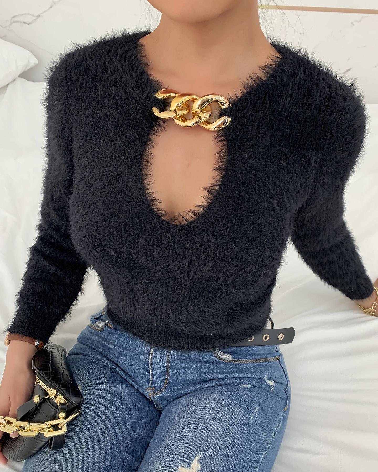 

Fluffy Chain Decor Long Sleeve Top, Black