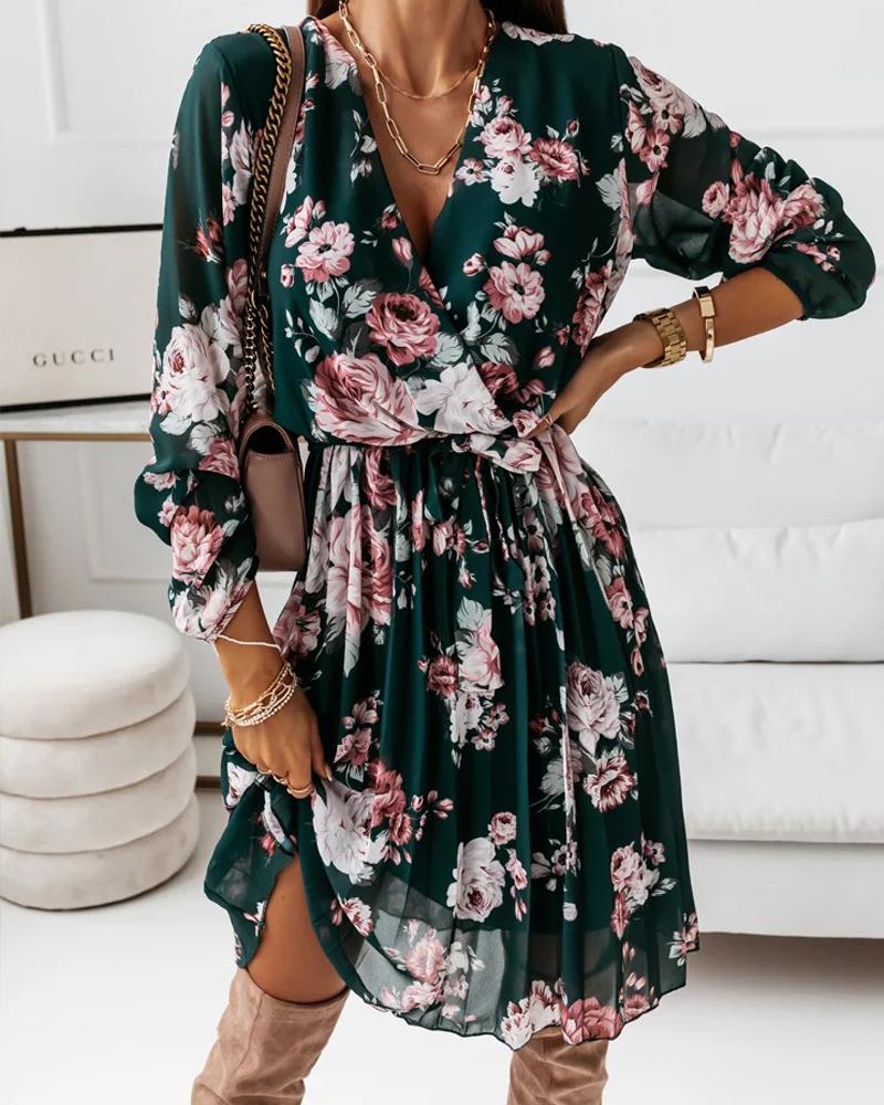 

Floral Print Overlap Pleated Chiffon Dress, Green