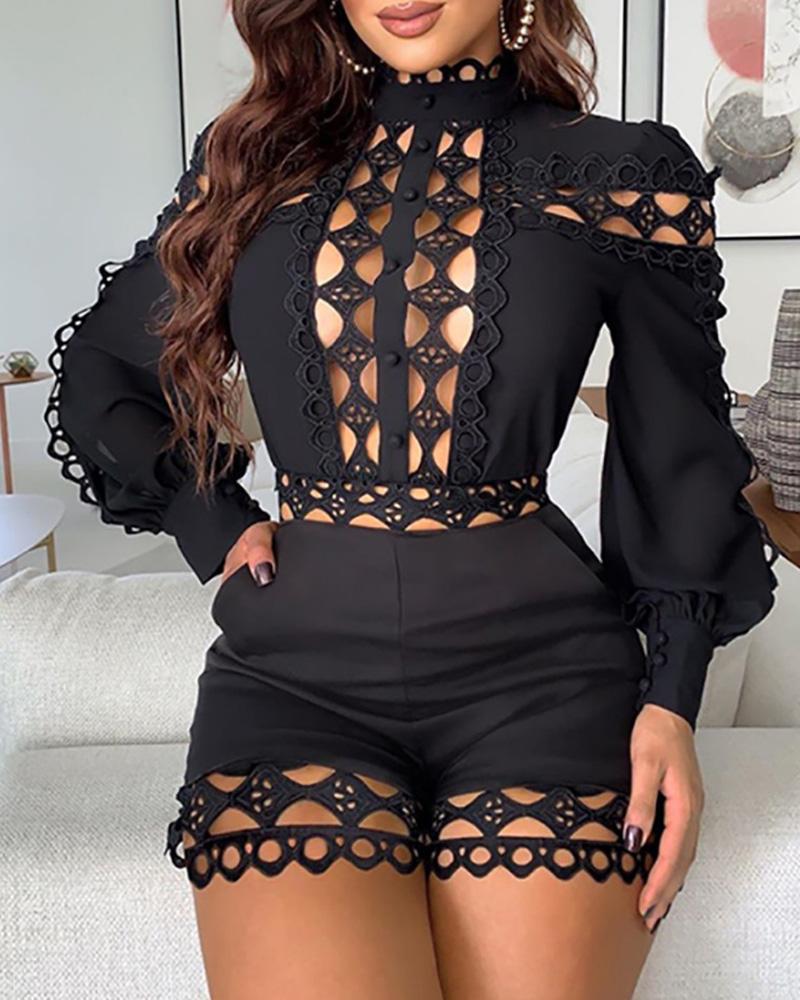 Cutout Guipure Lace Patch Lantern Sleeve Romper