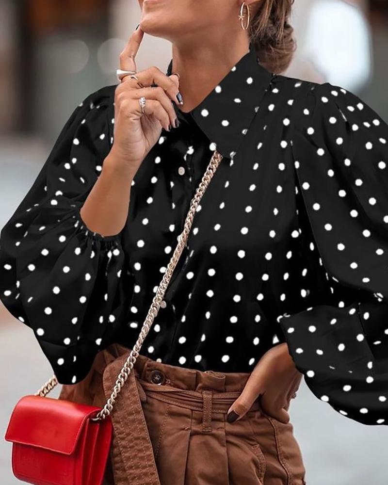 

Dot Print Latern Sleeve Button-up Blouse, Black