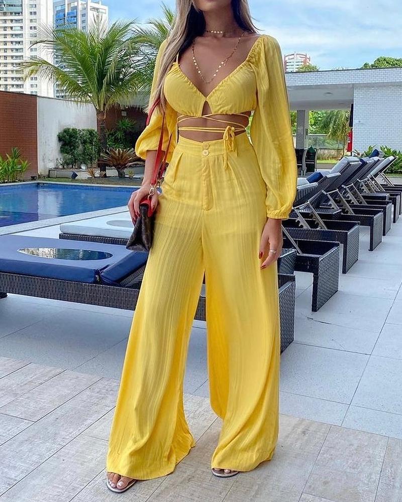 

Lantern Sleeve Criss Cross Crop Top & Wide Leg Pants Set, Yellow