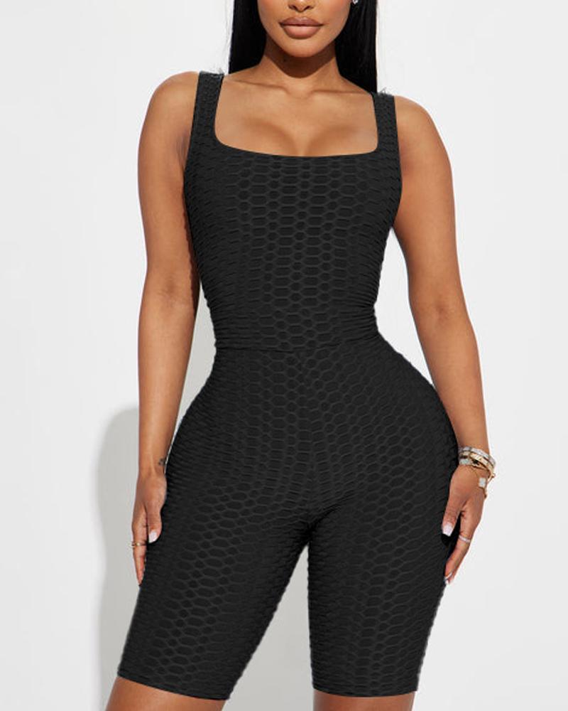 

Square Neck Bubble Textured Active Romper, Black