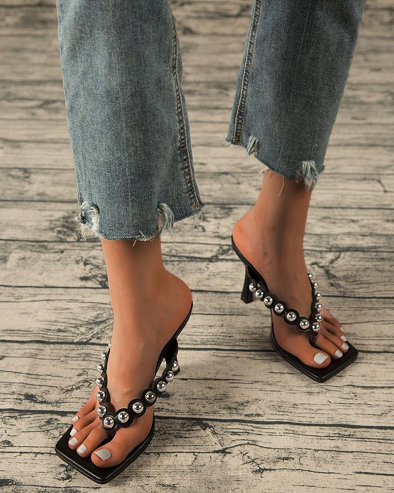 

Square-toe Solid Color Splicing Beaded Toe Post Heel Sandals, Black