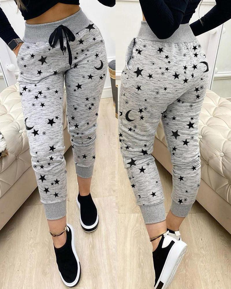 

Star Moon Print Drawstring Pockets Sweatpants, Gray