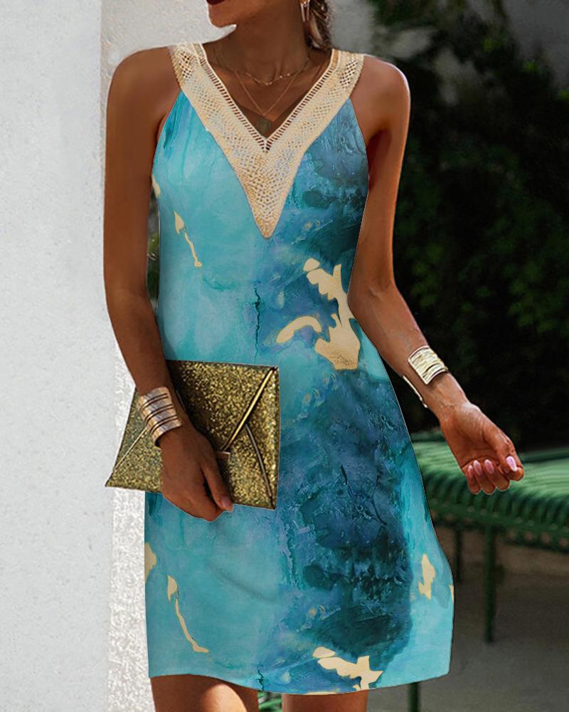 

Marble Print Lace Patch Sleeveless Casual Dress, Blue