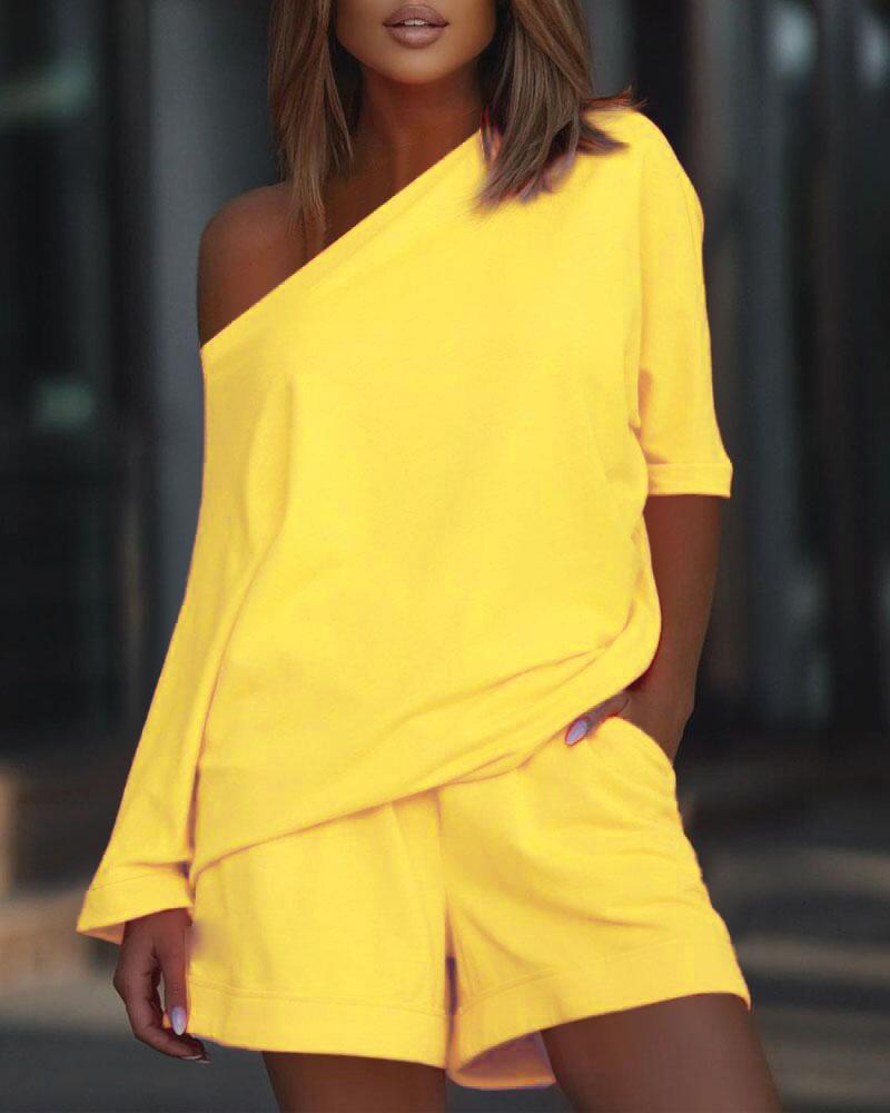 

Casual Top & Pocket Detail Shorts Set, Yellow