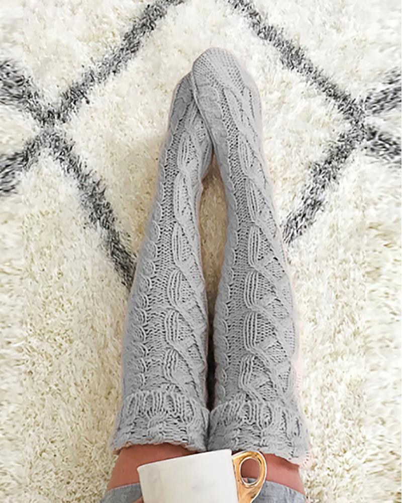 

Braided Hollow Out Knit Long Socks, Gray