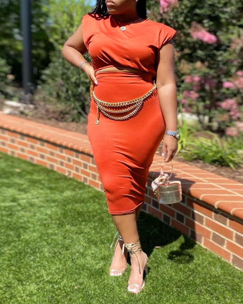 

Plus Size Shoulder Pad Crop Top & Skirt Set, Orange